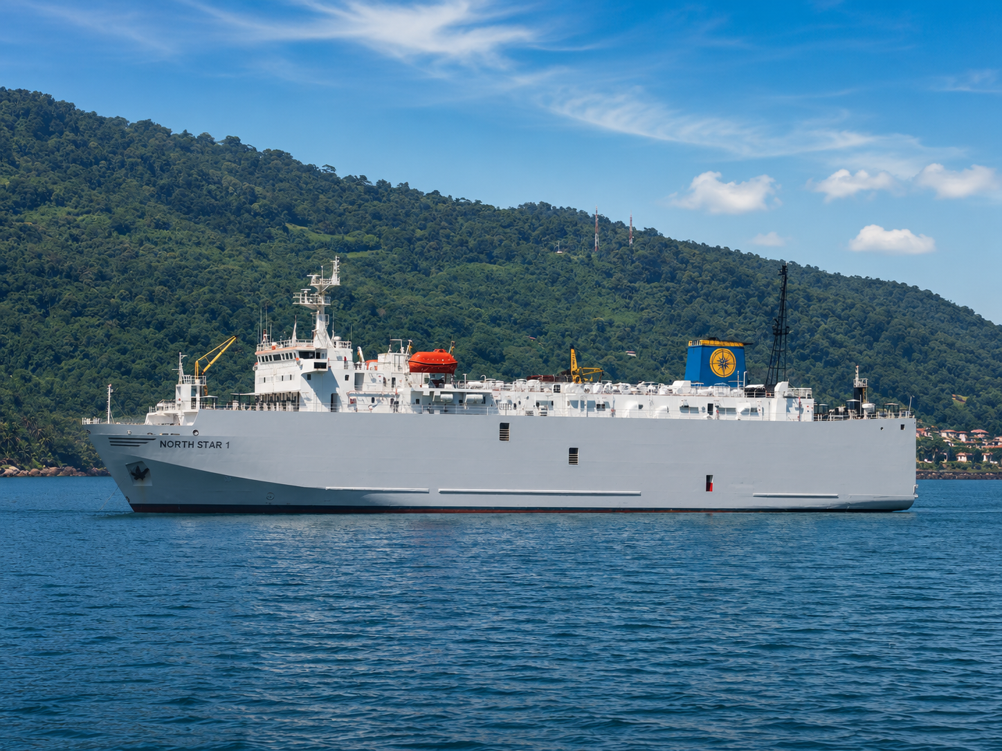 Livestock carrier NORTH STAR 1 under way in clear blue water, white hull with ventilation casings and a blue funnel.