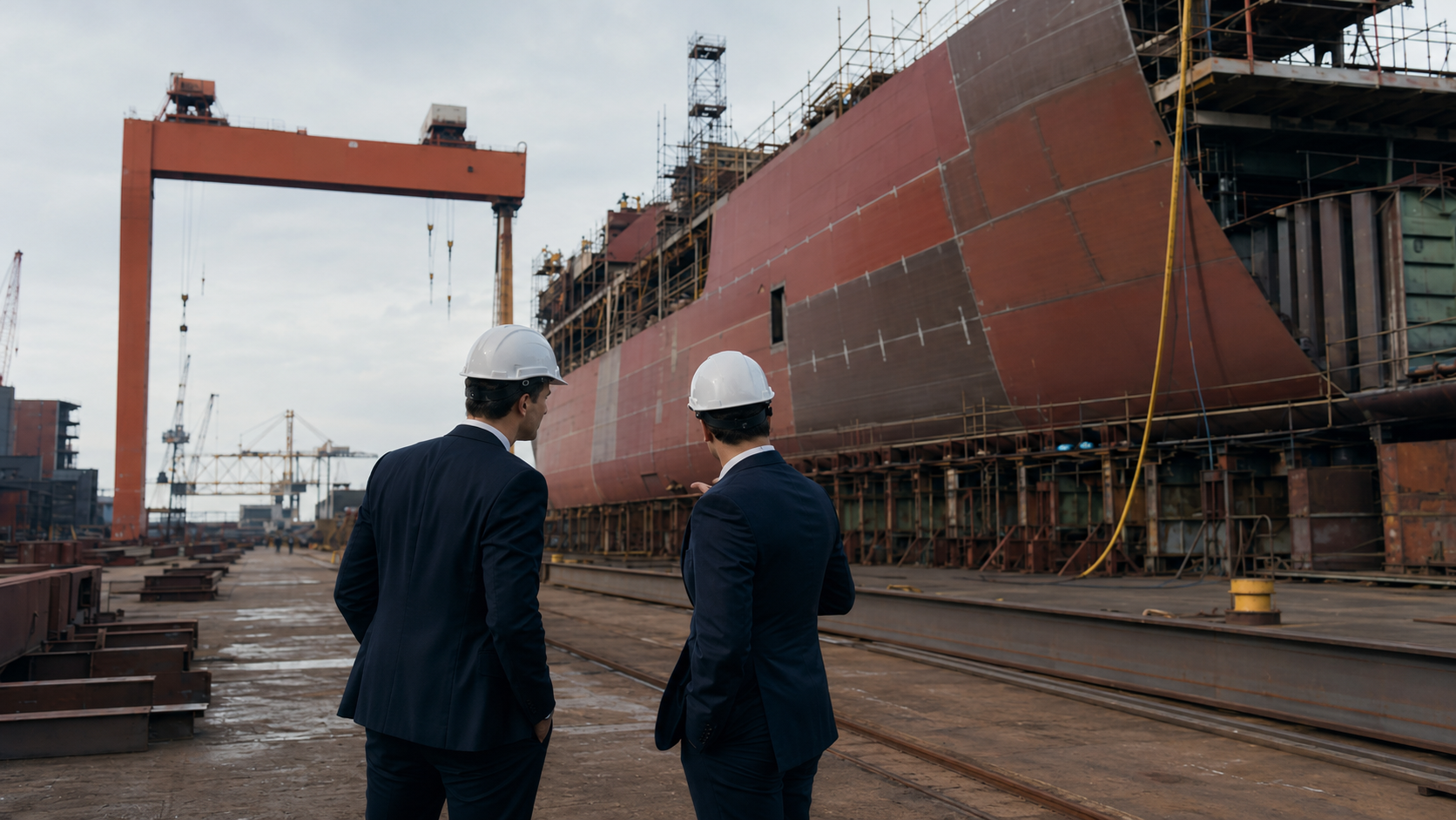 Two brokers in suits and hard hats looking at a newbuilding hull under construction on a shipyard slipway, gantry crane behind.
